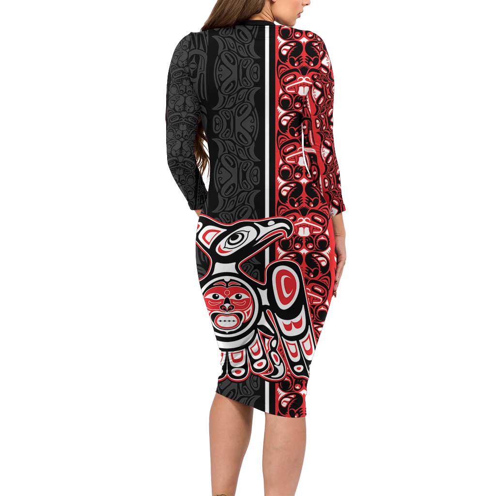 Canada Indigenous Peoples' Day Long Sleeve Bodycon Dress Canadian Raven Haida Pattern