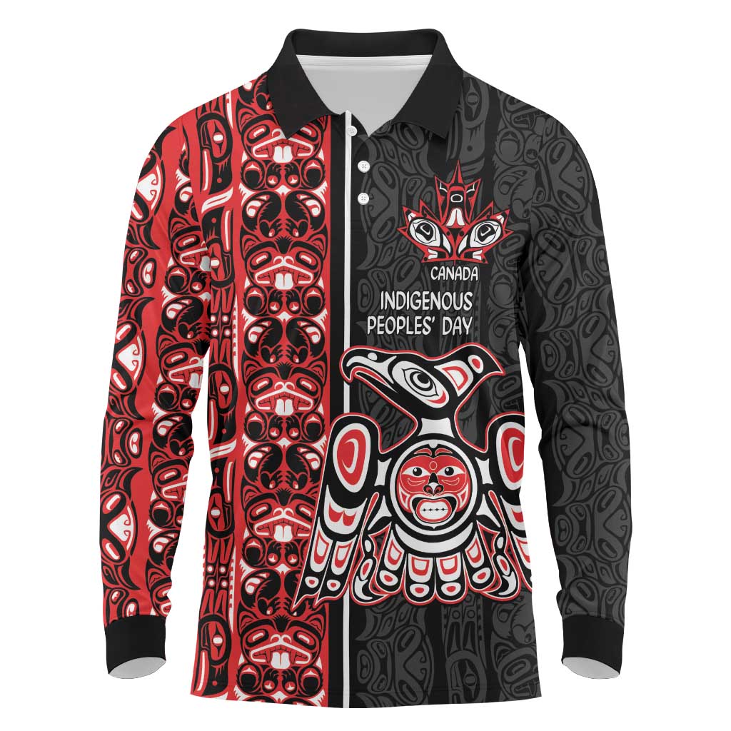 Canada Indigenous Peoples' Day Long Sleeve Polo Shirt Canadian Raven Haida Pattern