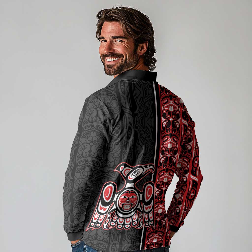 Canada Indigenous Peoples' Day Long Sleeve Polo Shirt Canadian Raven Haida Pattern
