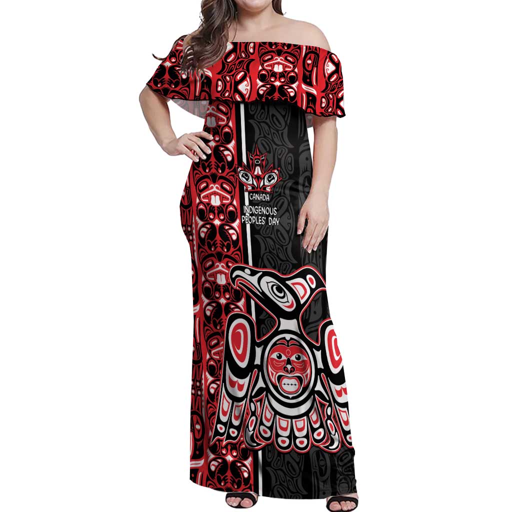 Canada Indigenous Peoples' Day Off Shoulder Maxi Dress Canadian Raven Haida Pattern
