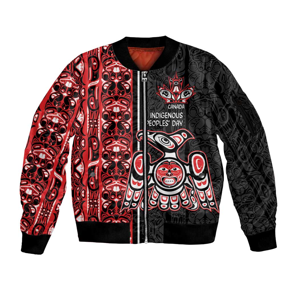 Canada Indigenous Peoples' Day Sleeve Zip Bomber Jacket Canadian Raven Haida Pattern