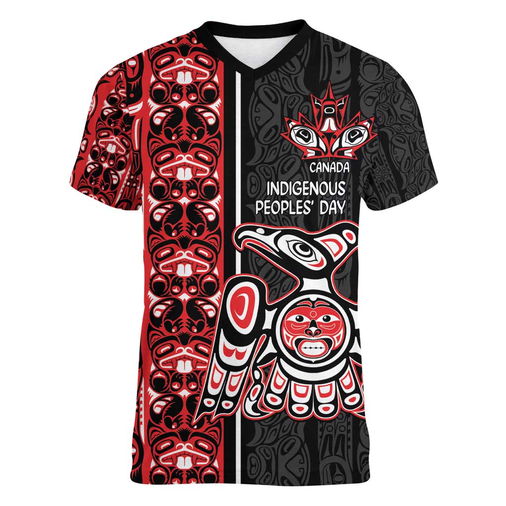 Canada Indigenous Peoples' Day Women V-Neck T-Shirt Canadian Raven Haida Pattern