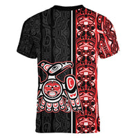 Canada Indigenous Peoples' Day Women V-Neck T-Shirt Canadian Raven Haida Pattern