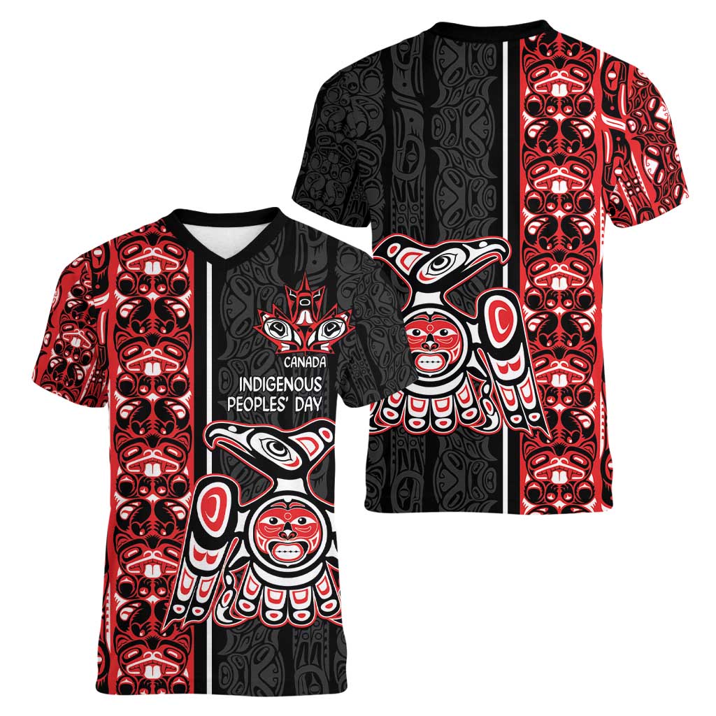 Canada Indigenous Peoples' Day Women V-Neck T-Shirt Canadian Raven Haida Pattern