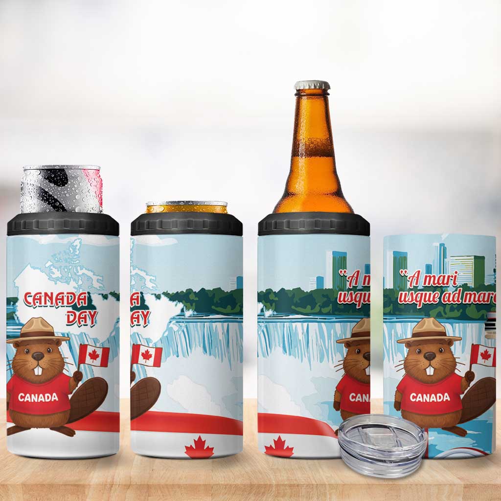 Canada Day 4 in 1 Can Cooler Tumbler Cute Beaver With Flag