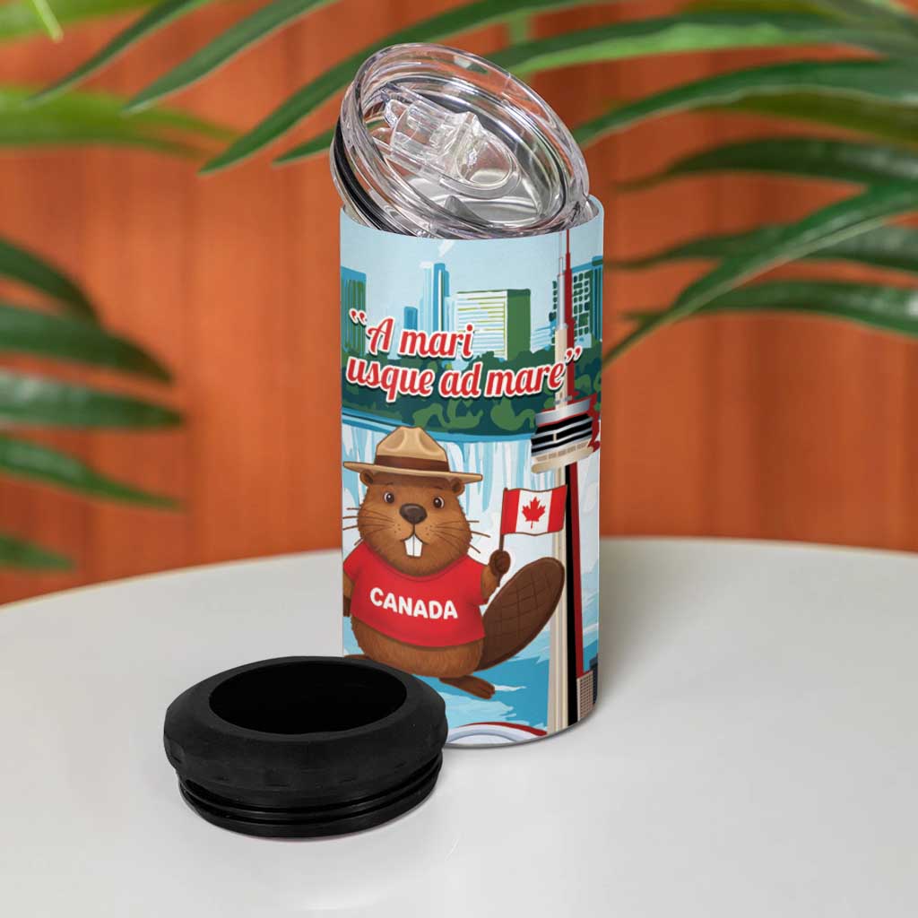 Canada Day 4 in 1 Can Cooler Tumbler Cute Beaver With Flag