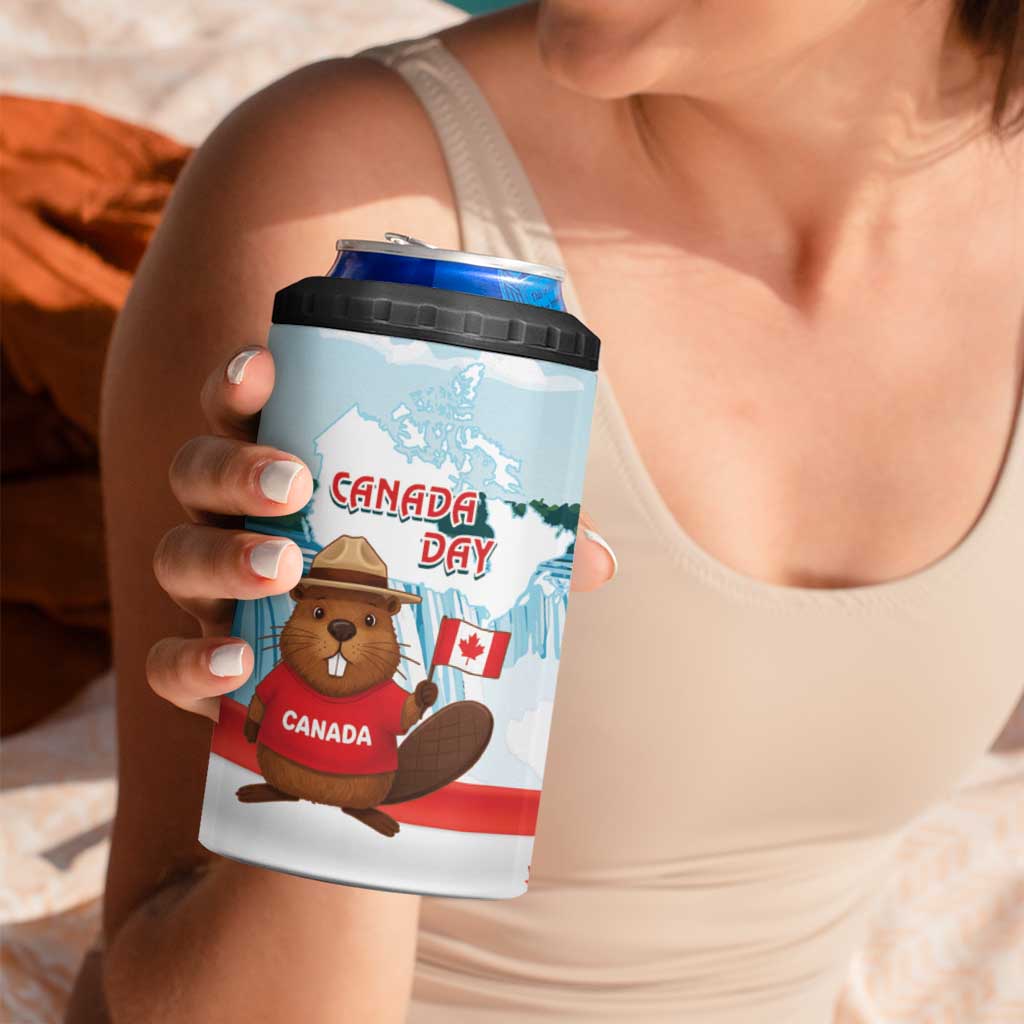 Canada Day 4 in 1 Can Cooler Tumbler Cute Beaver With Flag
