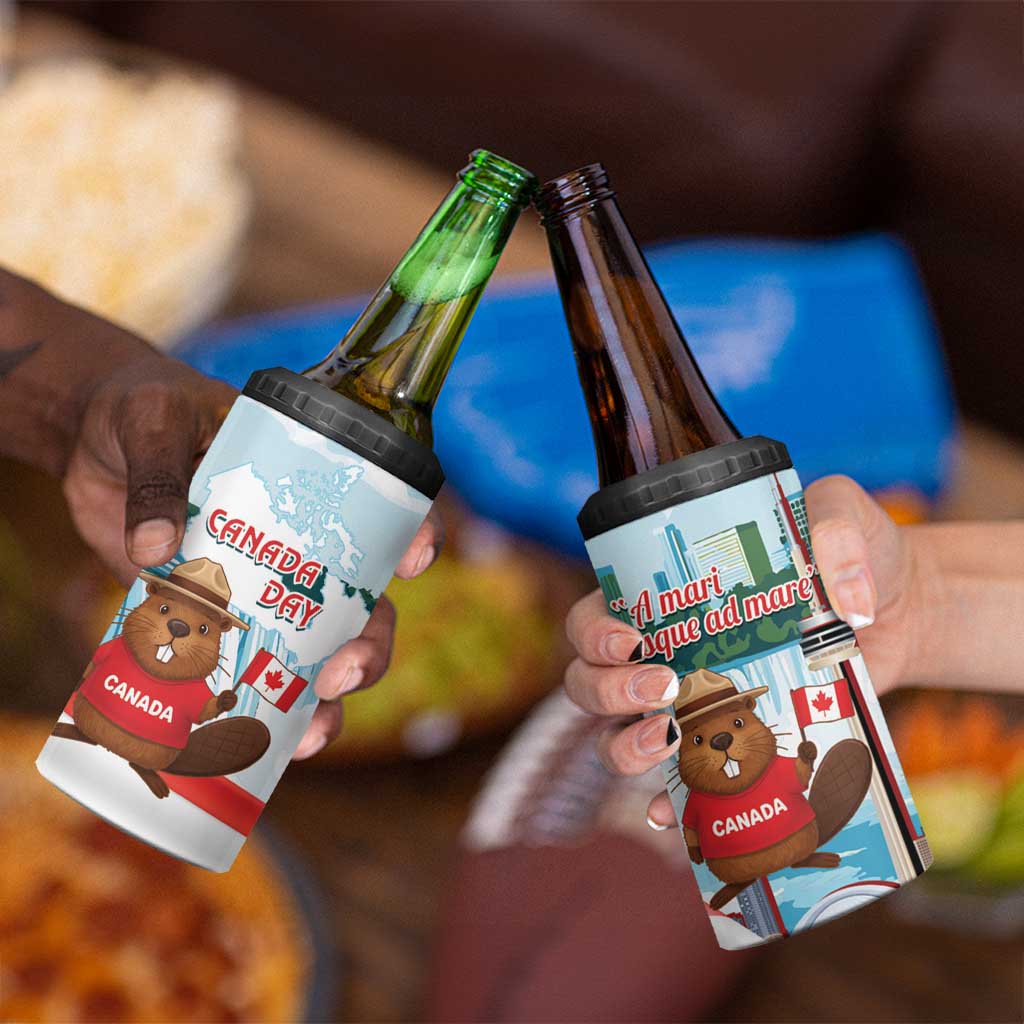 Canada Day 4 in 1 Can Cooler Tumbler Cute Beaver With Flag