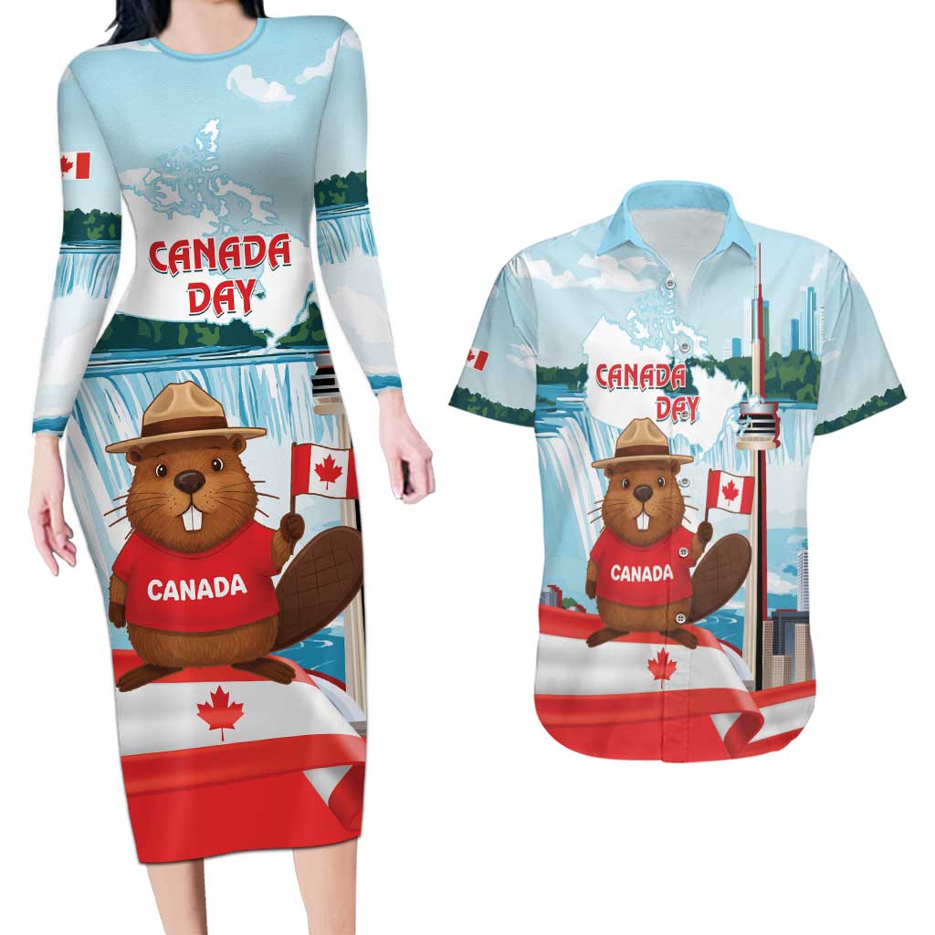 Canada Day Couples Matching Long Sleeve Bodycon Dress and Hawaiian Shirt Cute Beaver With Flag