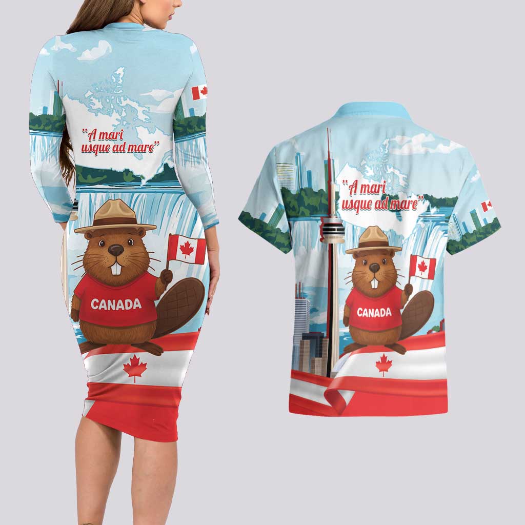 Canada Day Couples Matching Long Sleeve Bodycon Dress and Hawaiian Shirt Cute Beaver With Flag