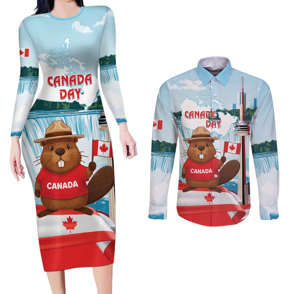 Canada Day Couples Matching Long Sleeve Bodycon Dress and Long Sleeve Button Shirt Cute Beaver With Flag