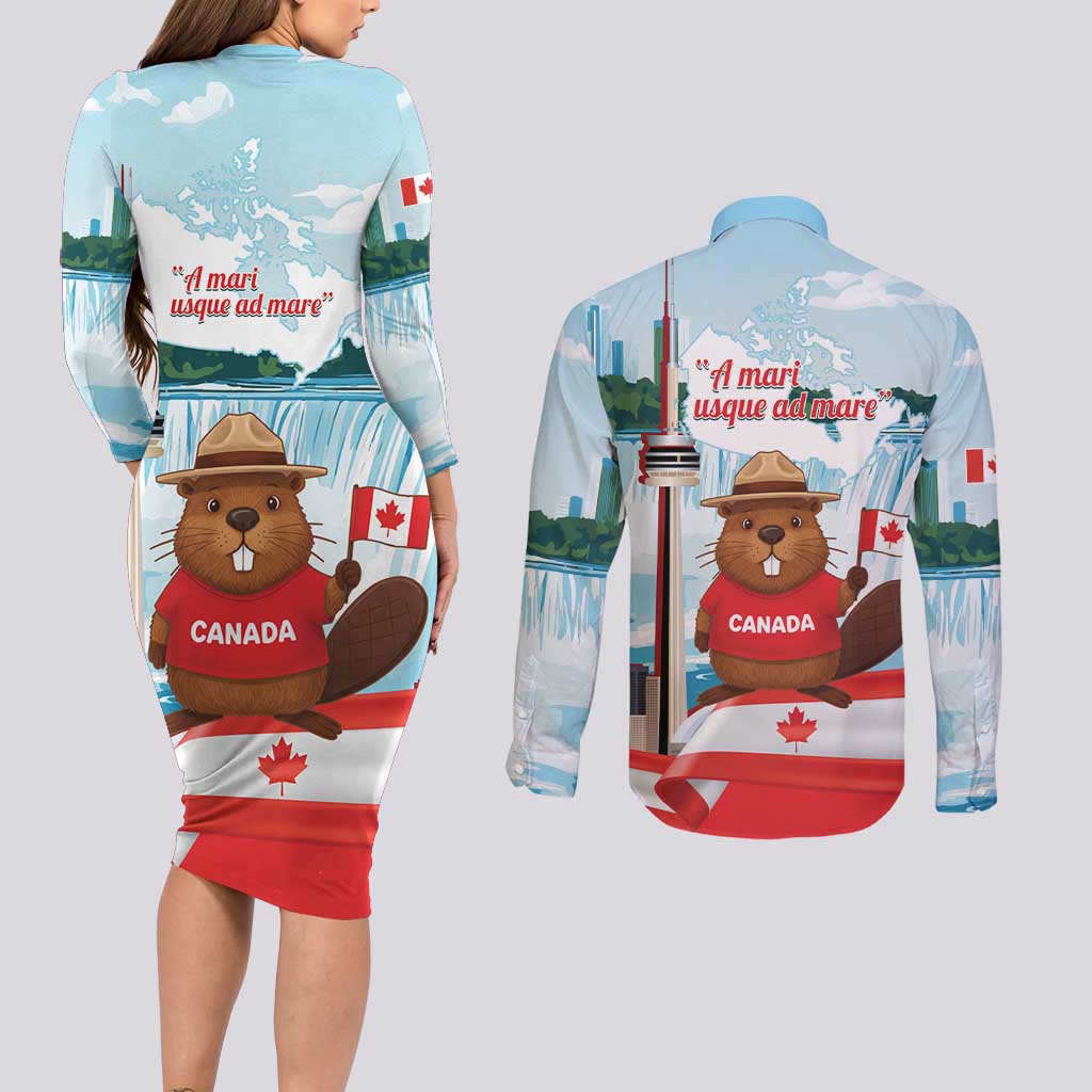 Canada Day Couples Matching Long Sleeve Bodycon Dress and Long Sleeve Button Shirt Cute Beaver With Flag