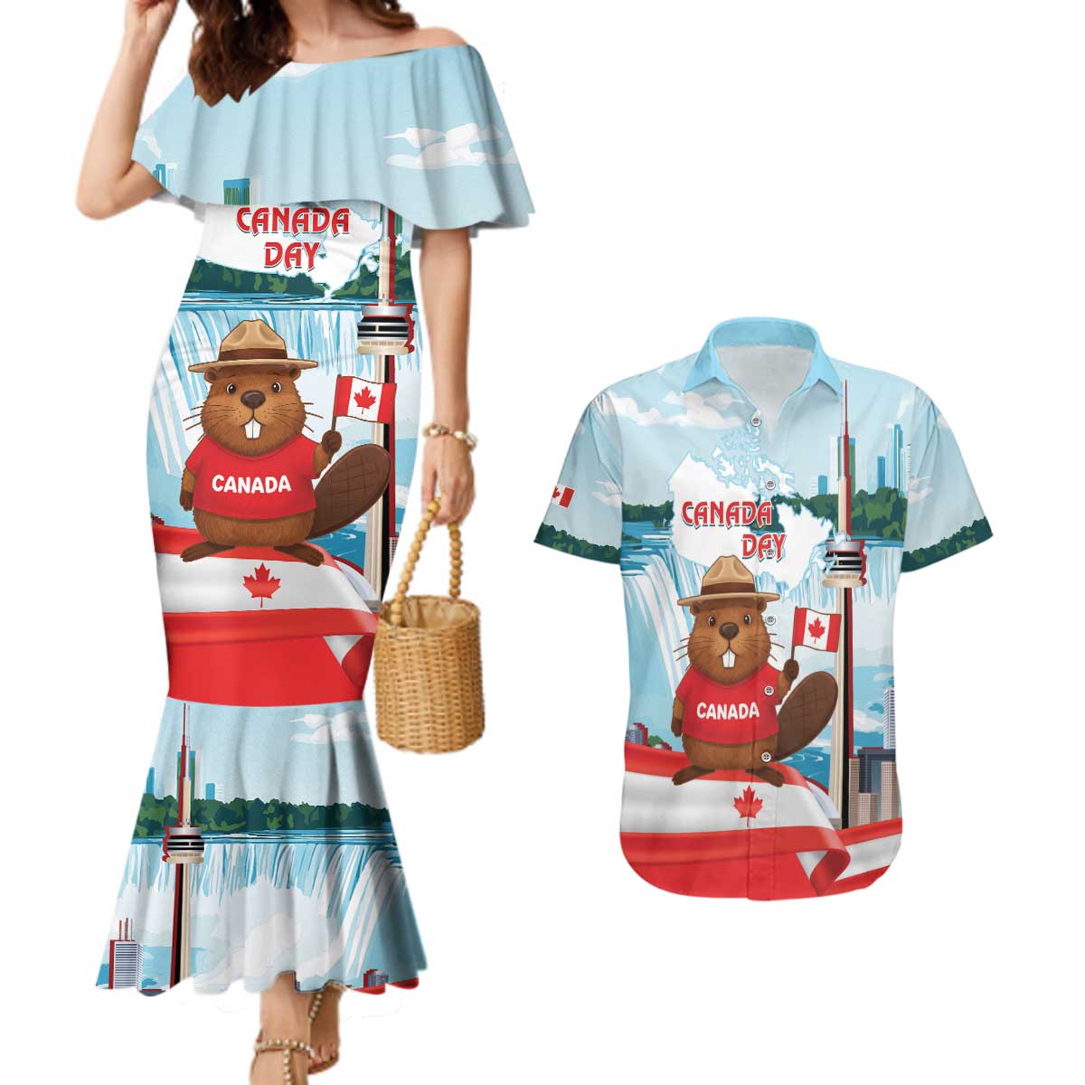 Canada Day Couples Matching Mermaid Dress and Hawaiian Shirt Cute Beaver With Flag