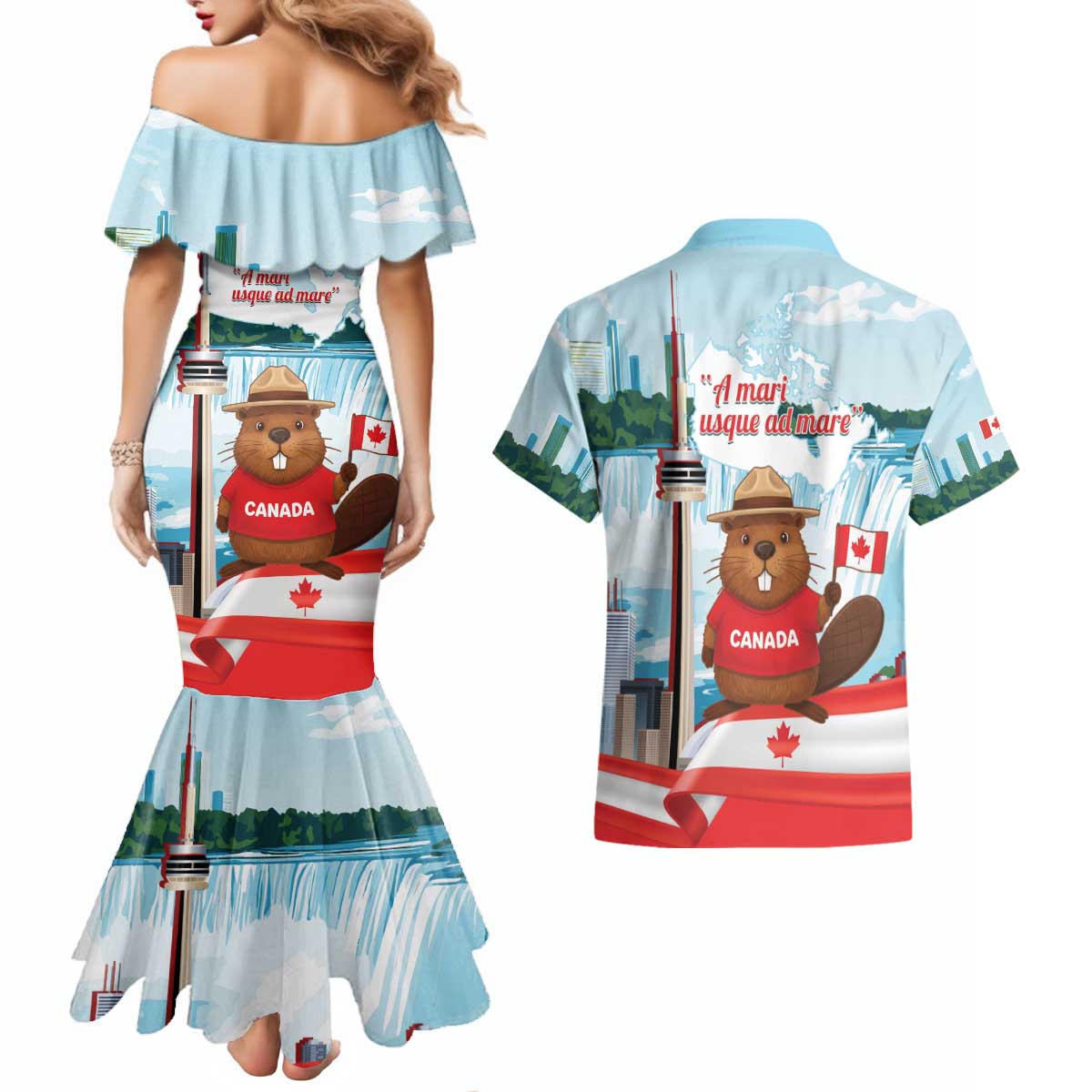 Canada Day Couples Matching Mermaid Dress and Hawaiian Shirt Cute Beaver With Flag