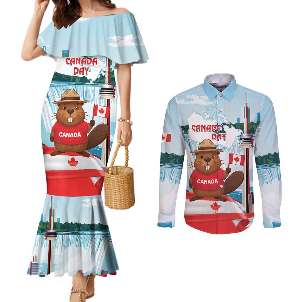 Canada Day Couples Matching Mermaid Dress and Long Sleeve Button Shirt Cute Beaver With Flag