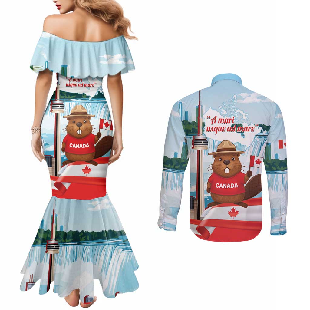 Canada Day Couples Matching Mermaid Dress and Long Sleeve Button Shirt Cute Beaver With Flag