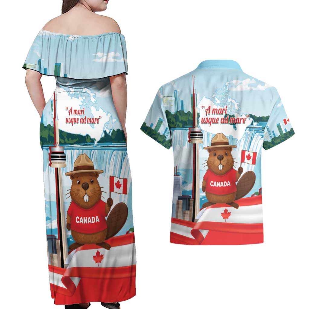 Canada Day Couples Matching Off Shoulder Maxi Dress and Hawaiian Shirt Cute Beaver With Flag