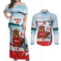 Canada Day Couples Matching Off Shoulder Maxi Dress and Long Sleeve Button Shirt Cute Beaver With Flag