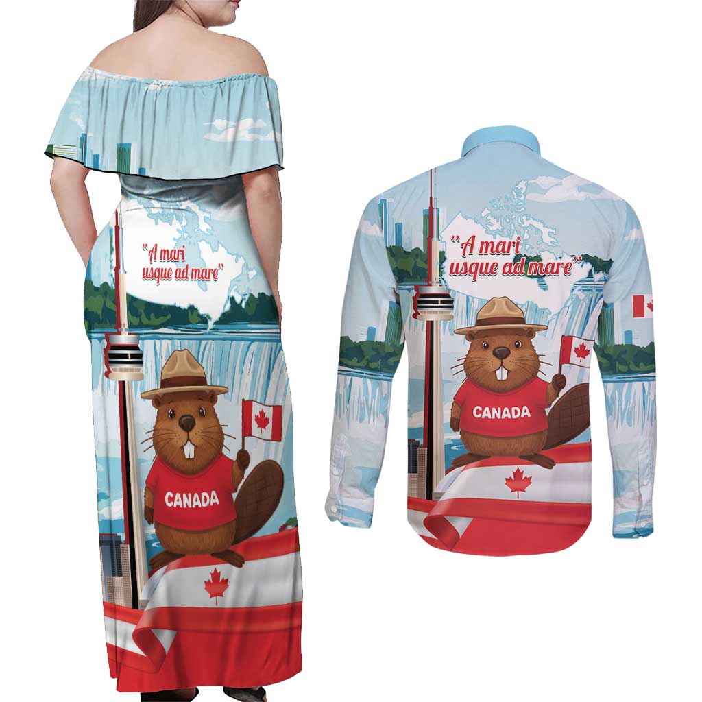 Canada Day Couples Matching Off Shoulder Maxi Dress and Long Sleeve Button Shirt Cute Beaver With Flag