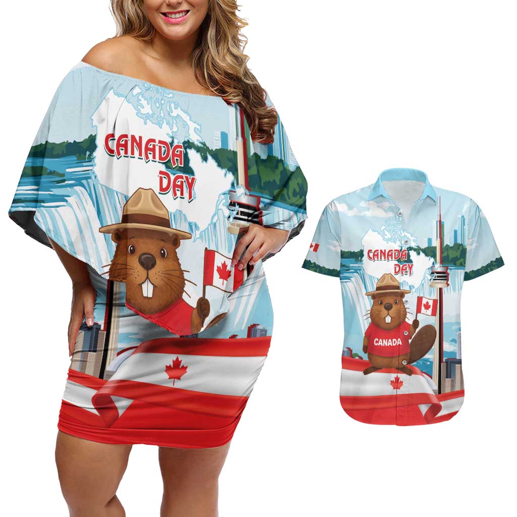 Canada Day Couples Matching Off Shoulder Short Dress and Hawaiian Shirt Cute Beaver With Flag