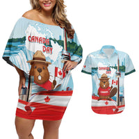Canada Day Couples Matching Off Shoulder Short Dress and Hawaiian Shirt Cute Beaver With Flag
