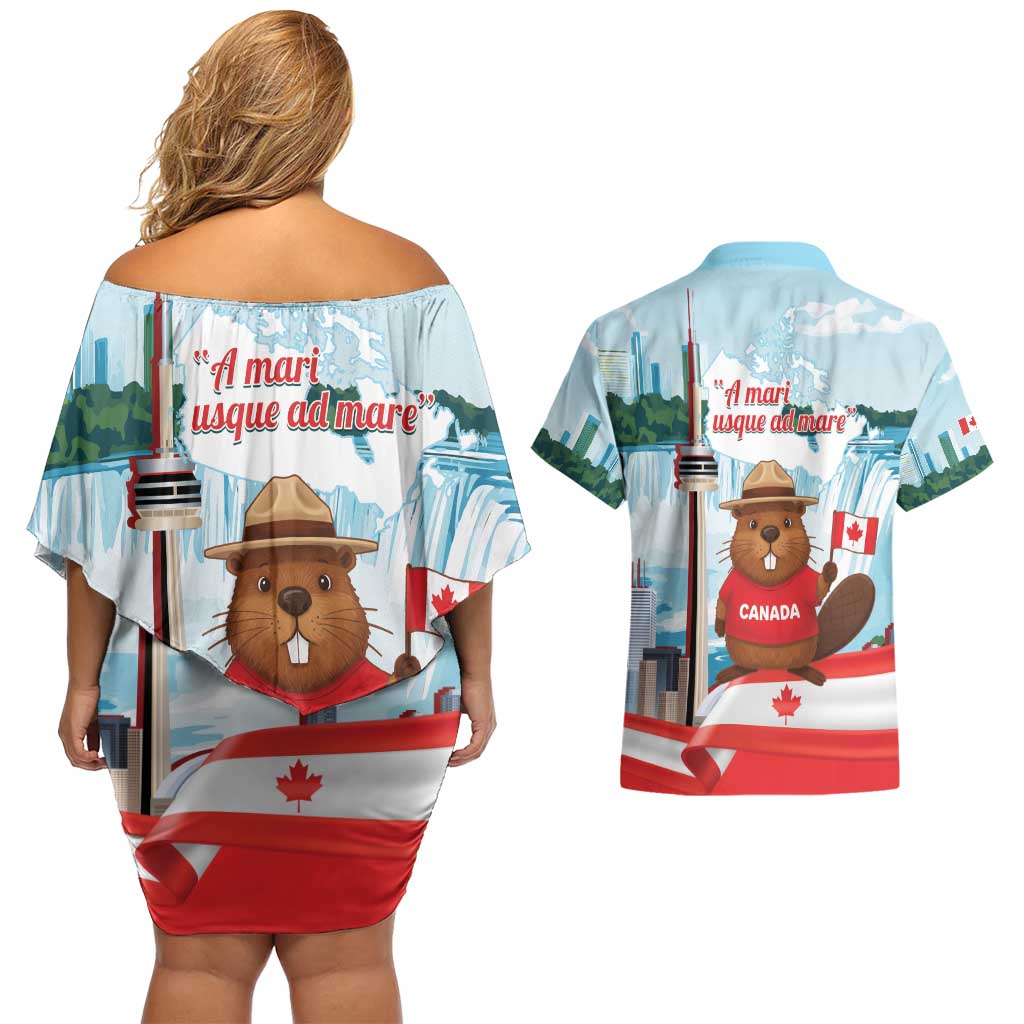 Canada Day Couples Matching Off Shoulder Short Dress and Hawaiian Shirt Cute Beaver With Flag