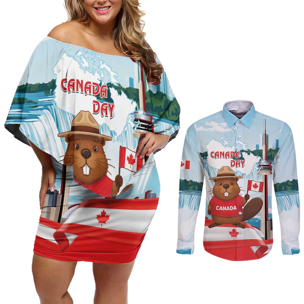 Canada Day Couples Matching Off Shoulder Short Dress and Long Sleeve Button Shirt Cute Beaver With Flag