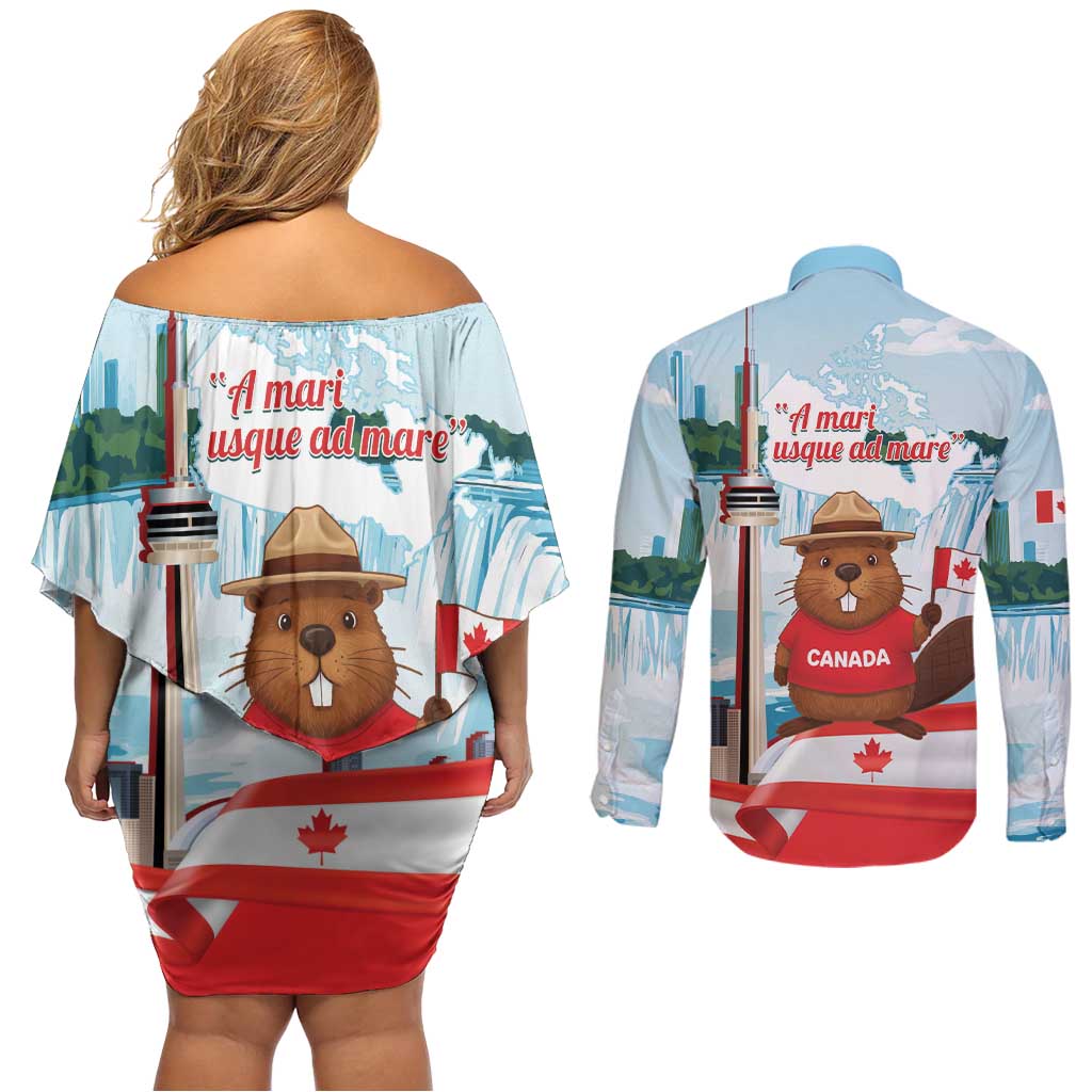 Canada Day Couples Matching Off Shoulder Short Dress and Long Sleeve Button Shirt Cute Beaver With Flag
