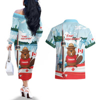 Canada Day Couples Matching Off The Shoulder Long Sleeve Dress and Hawaiian Shirt Cute Beaver With Flag
