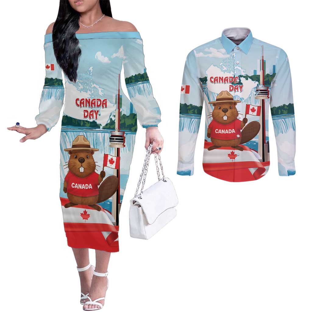 Canada Day Couples Matching Off The Shoulder Long Sleeve Dress and Long Sleeve Button Shirt Cute Beaver With Flag