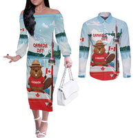 Canada Day Couples Matching Off The Shoulder Long Sleeve Dress and Long Sleeve Button Shirt Cute Beaver With Flag