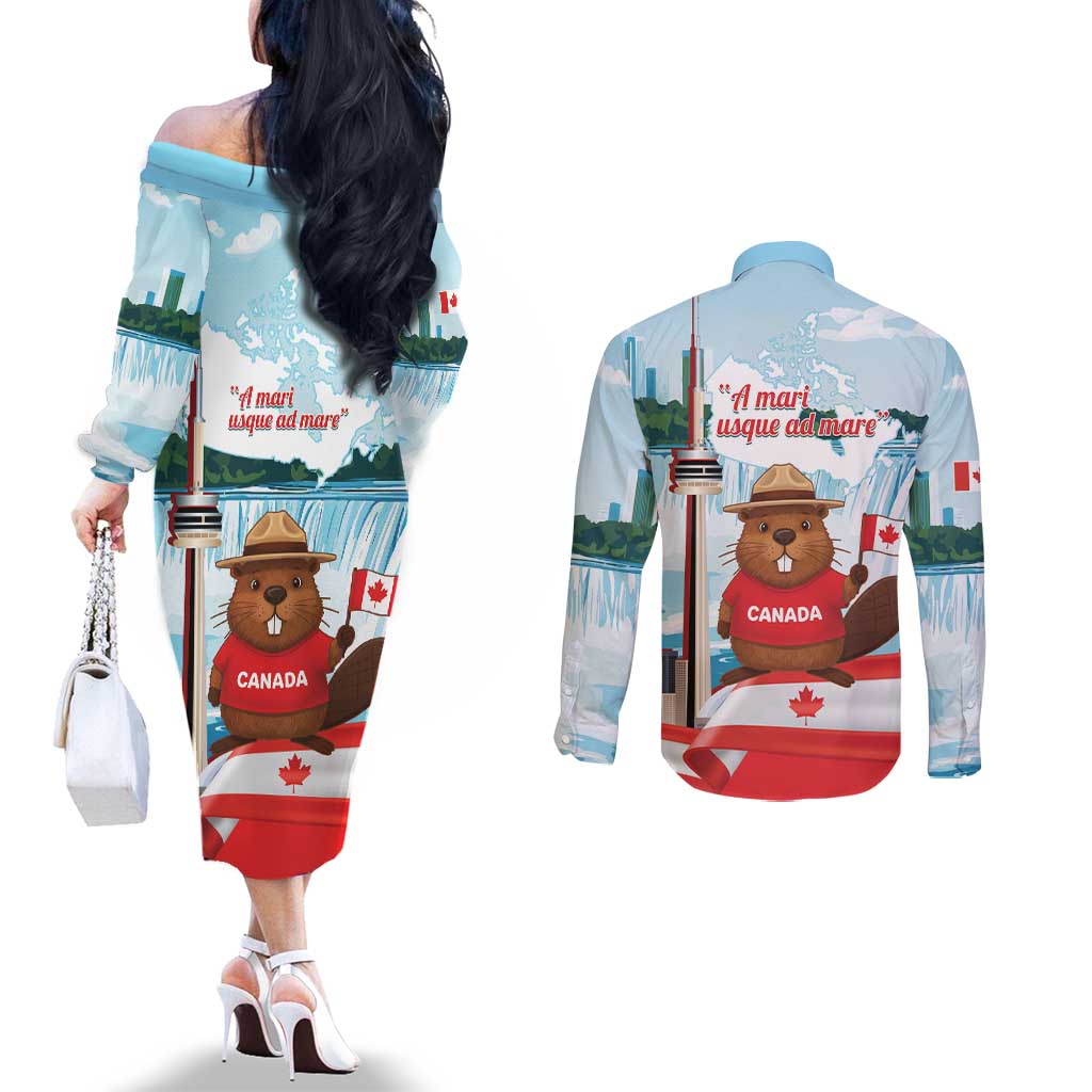 Canada Day Couples Matching Off The Shoulder Long Sleeve Dress and Long Sleeve Button Shirt Cute Beaver With Flag