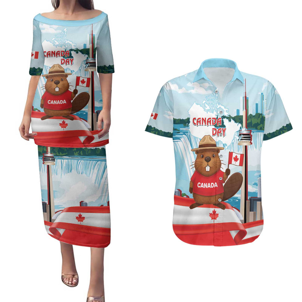 Canada Day Couples Matching Puletasi and Hawaiian Shirt Cute Beaver With Flag