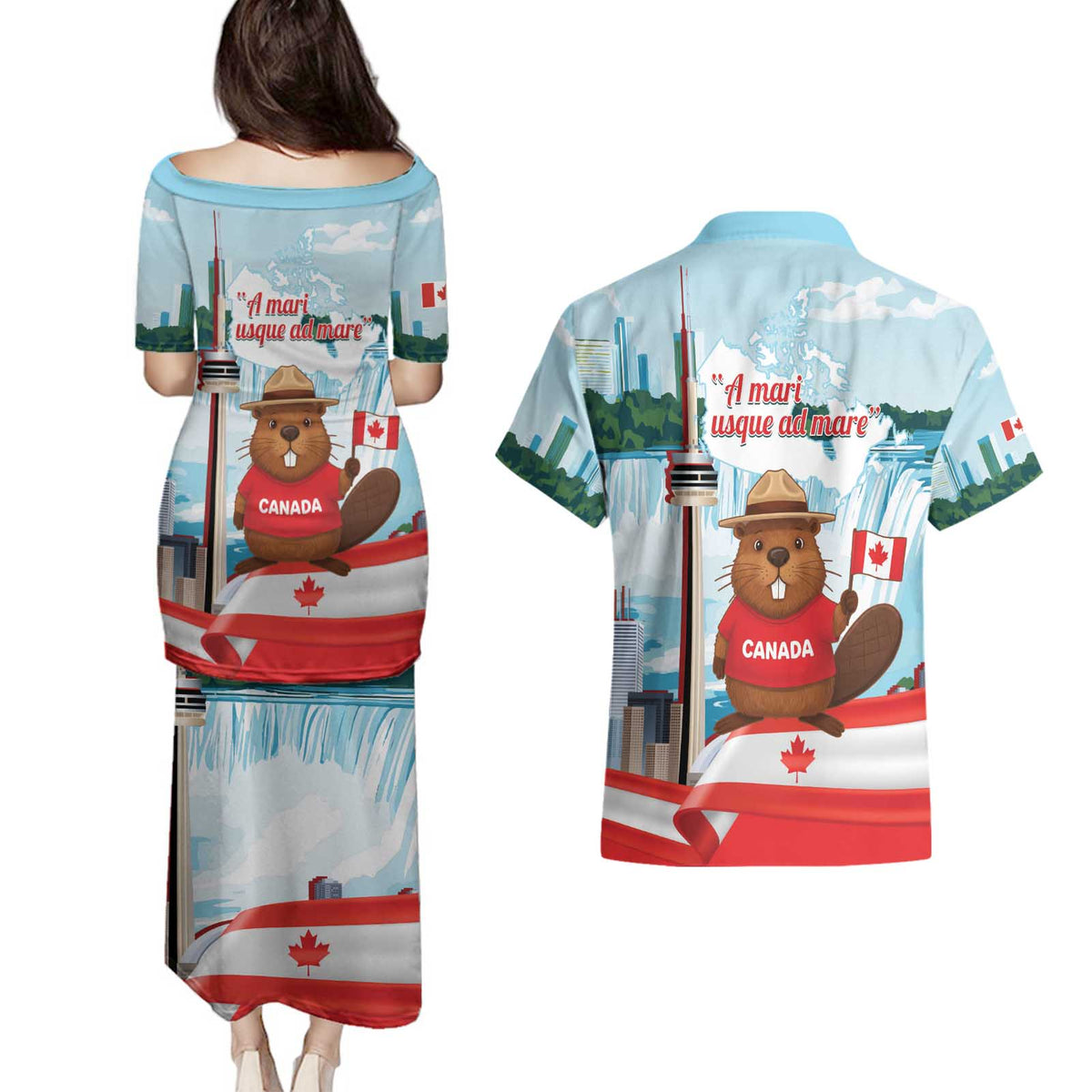 Canada Day Couples Matching Puletasi and Hawaiian Shirt Cute Beaver With Flag