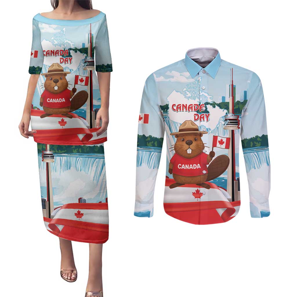 Canada Day Couples Matching Puletasi and Long Sleeve Button Shirt Cute Beaver With Flag