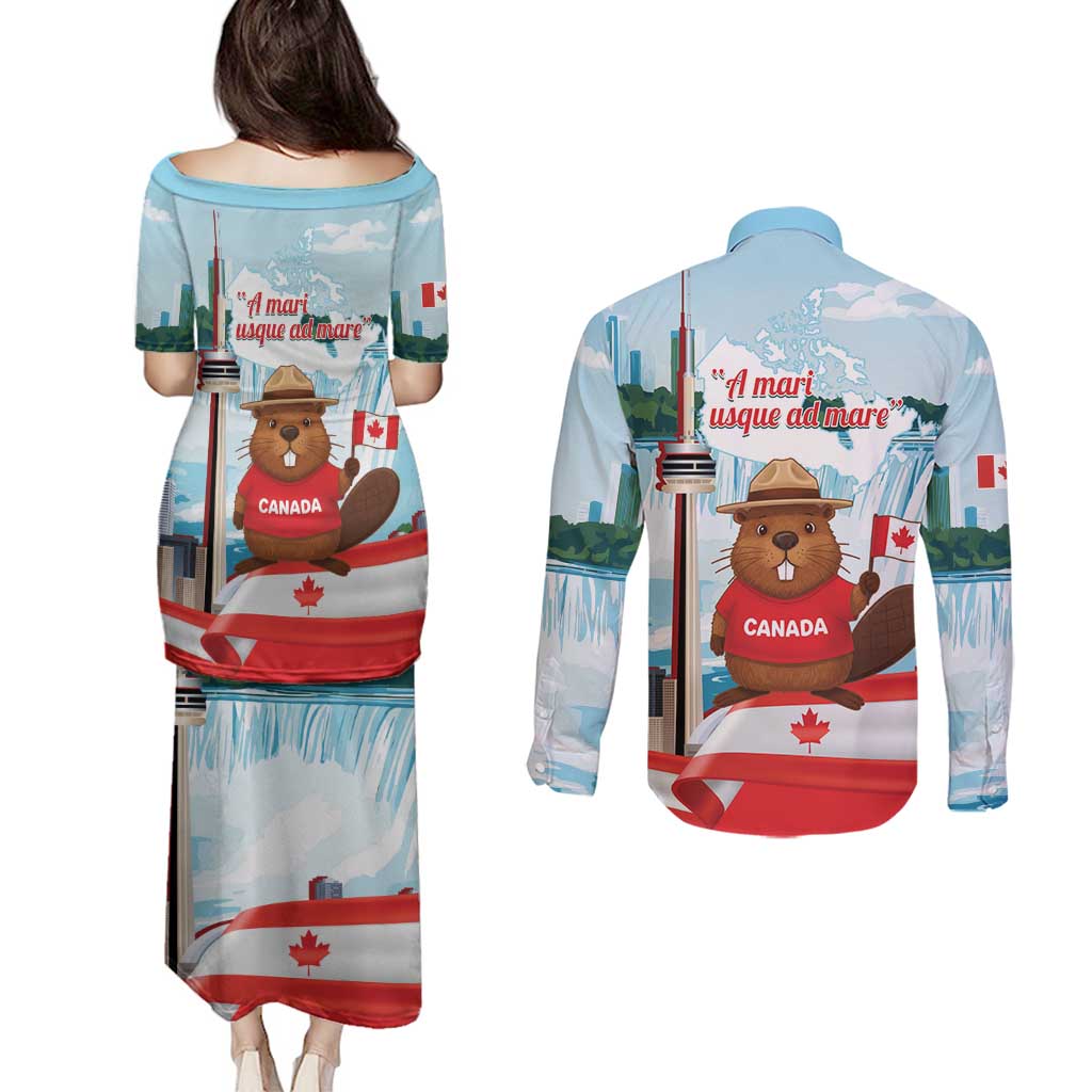 Canada Day Couples Matching Puletasi and Long Sleeve Button Shirt Cute Beaver With Flag