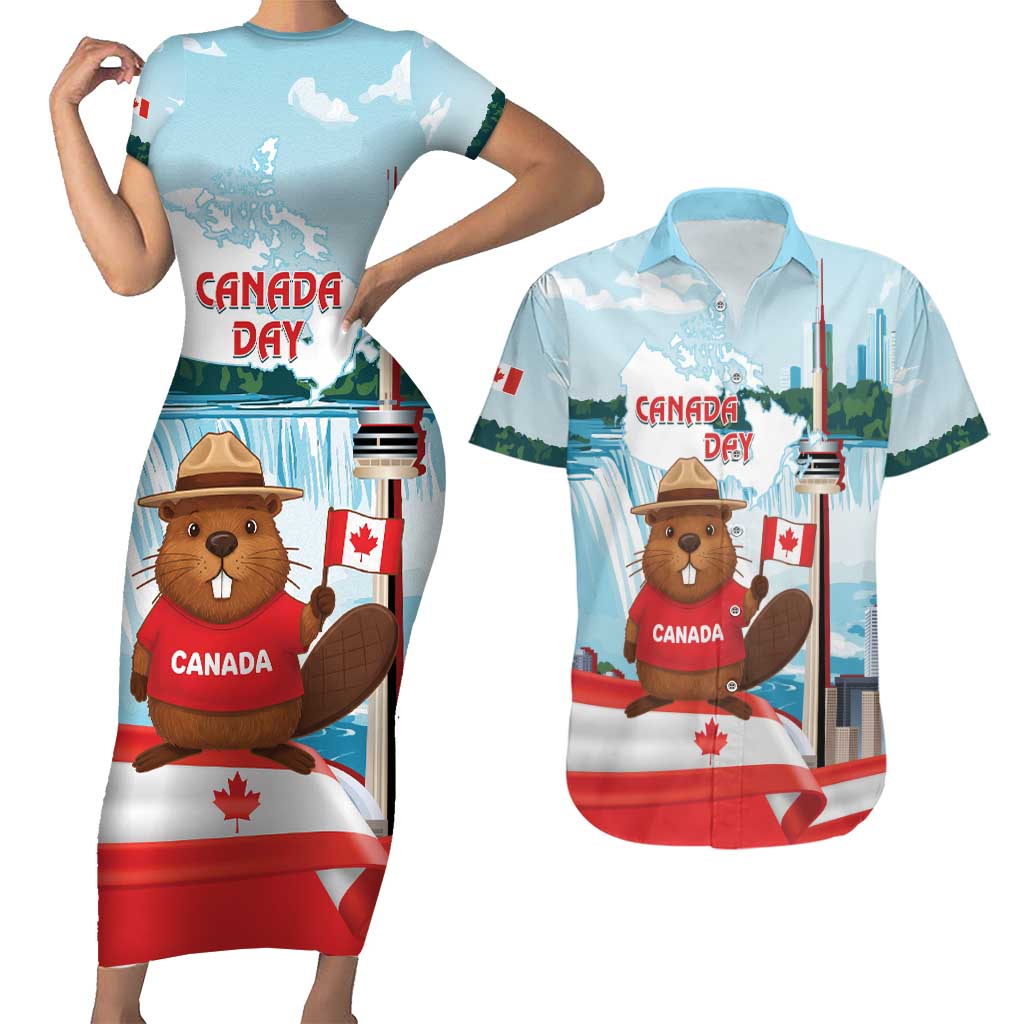 Canada Day Couples Matching Short Sleeve Bodycon Dress and Hawaiian Shirt Cute Beaver With Flag