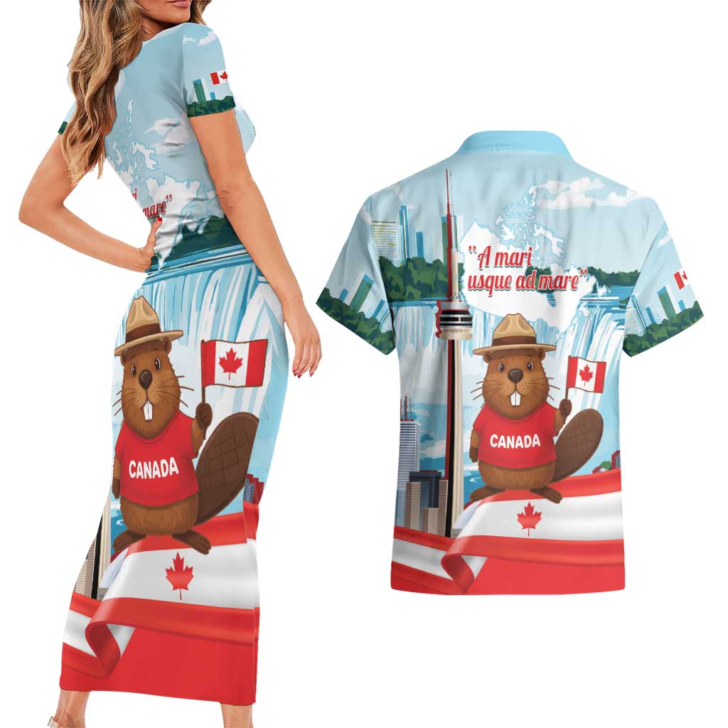 Canada Day Couples Matching Short Sleeve Bodycon Dress and Hawaiian Shirt Cute Beaver With Flag