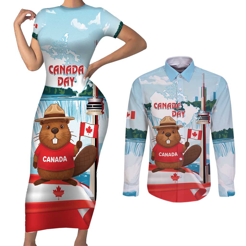 Canada Day Couples Matching Short Sleeve Bodycon Dress and Long Sleeve Button Shirt Cute Beaver With Flag