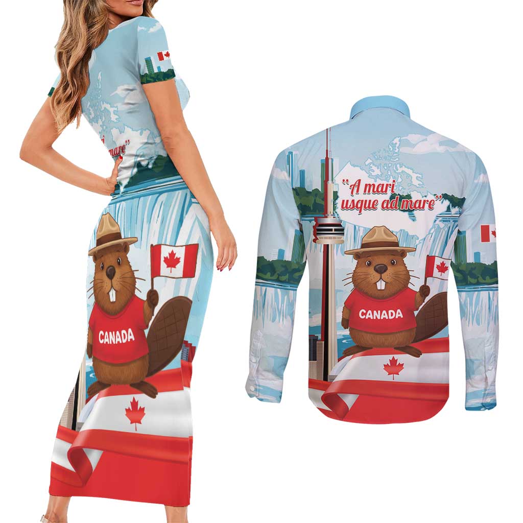 Canada Day Couples Matching Short Sleeve Bodycon Dress and Long Sleeve Button Shirt Cute Beaver With Flag