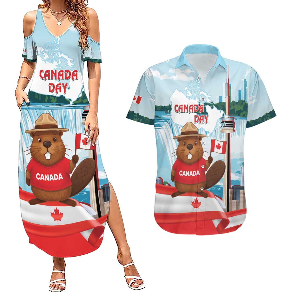 Canada Day Couples Matching Summer Maxi Dress and Hawaiian Shirt Cute Beaver With Flag