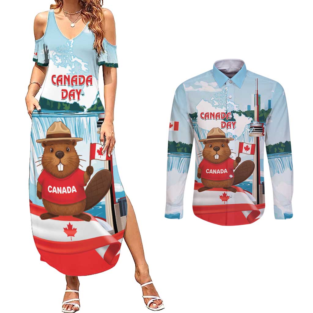 Canada Day Couples Matching Summer Maxi Dress and Long Sleeve Button Shirt Cute Beaver With Flag
