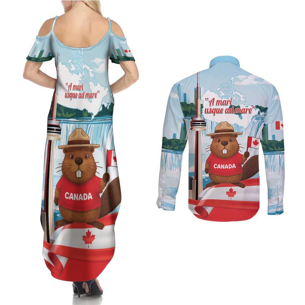 Canada Day Couples Matching Summer Maxi Dress and Long Sleeve Button Shirt Cute Beaver With Flag
