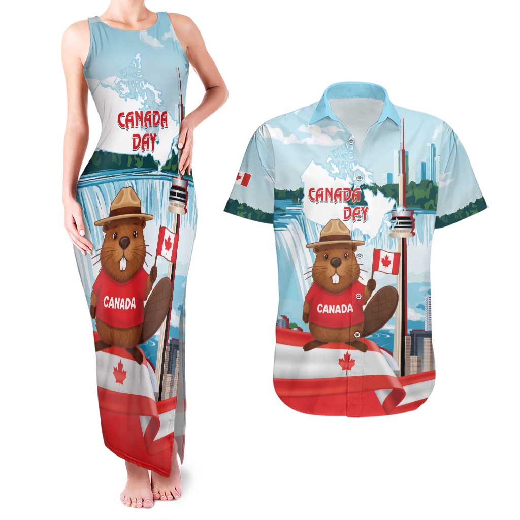 Canada Day Couples Matching Tank Maxi Dress and Hawaiian Shirt Cute Beaver With Flag