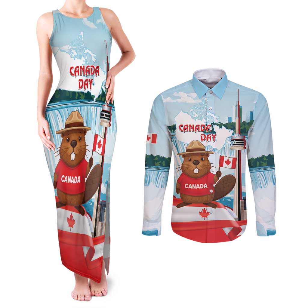 Canada Day Couples Matching Tank Maxi Dress and Long Sleeve Button Shirt Cute Beaver With Flag