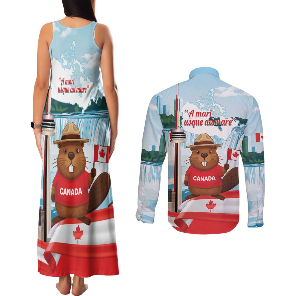 Canada Day Couples Matching Tank Maxi Dress and Long Sleeve Button Shirt Cute Beaver With Flag
