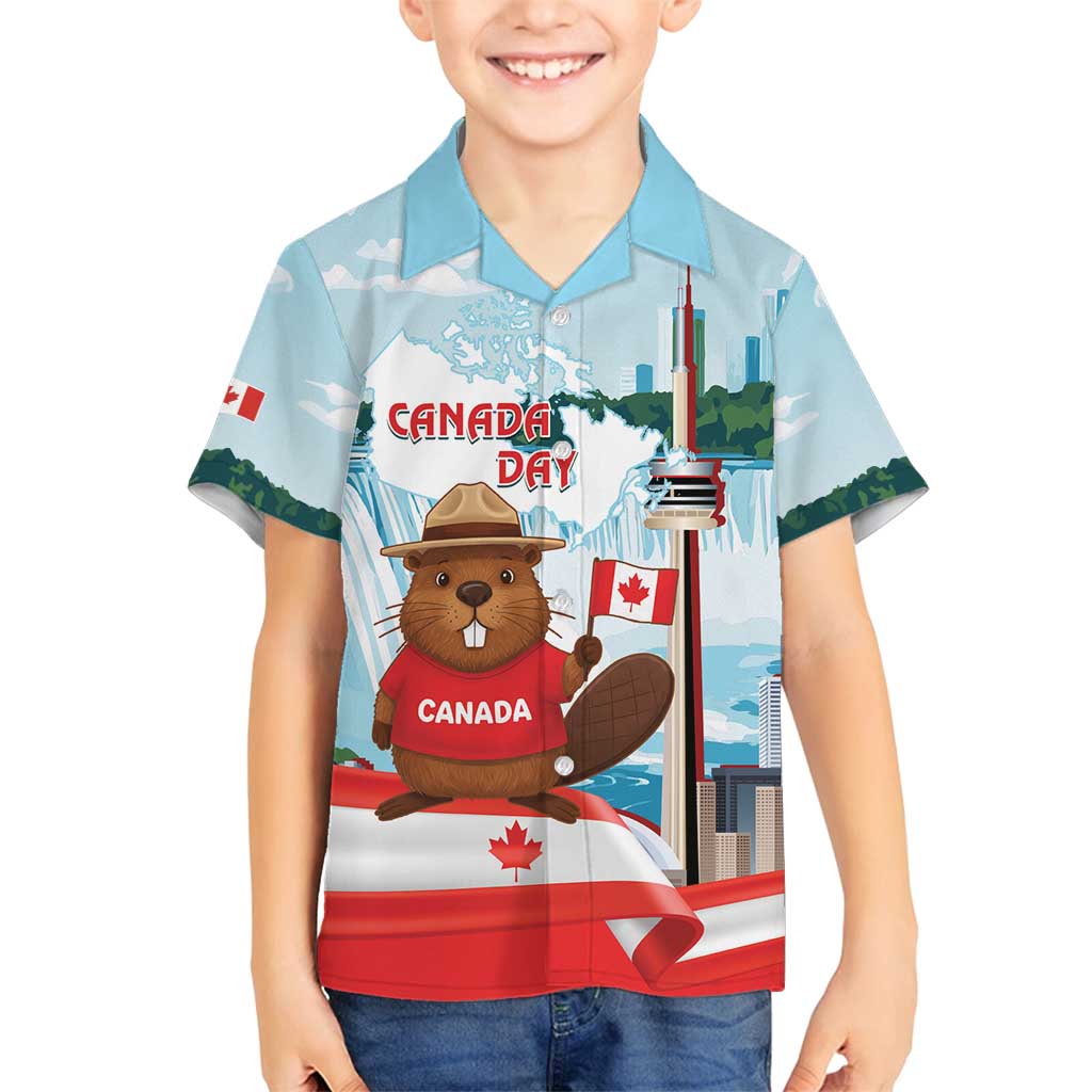 Canada Day Family Matching Long Sleeve Bodycon Dress and Hawaiian Shirt Cute Beaver With Flag