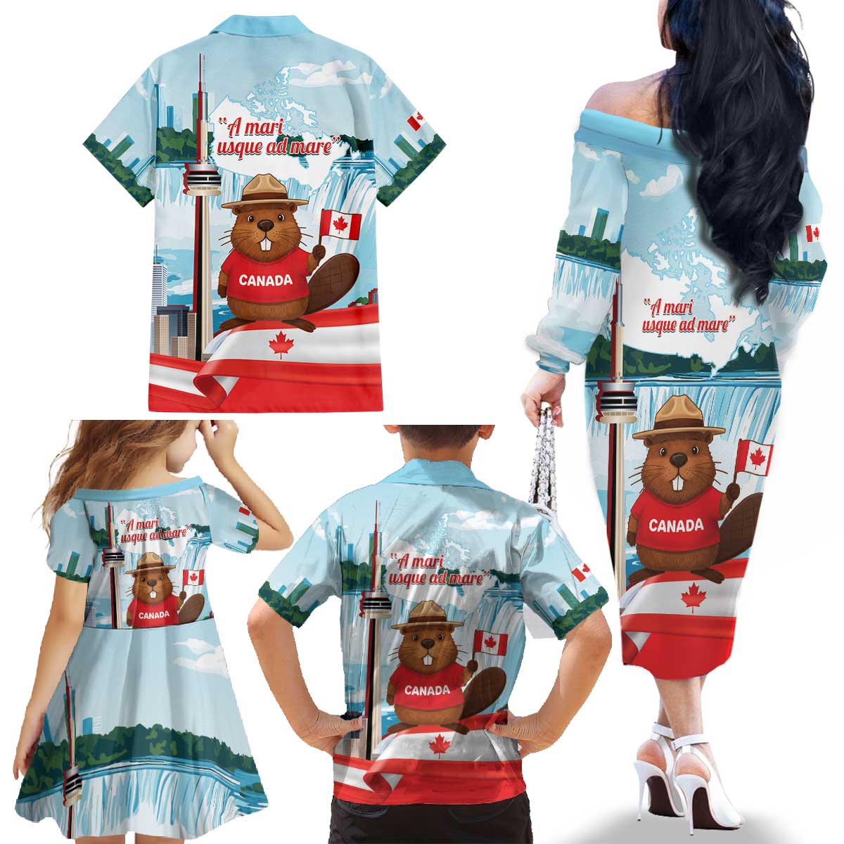 Canada Day Family Matching Off The Shoulder Long Sleeve Dress and Hawaiian Shirt Cute Beaver With Flag