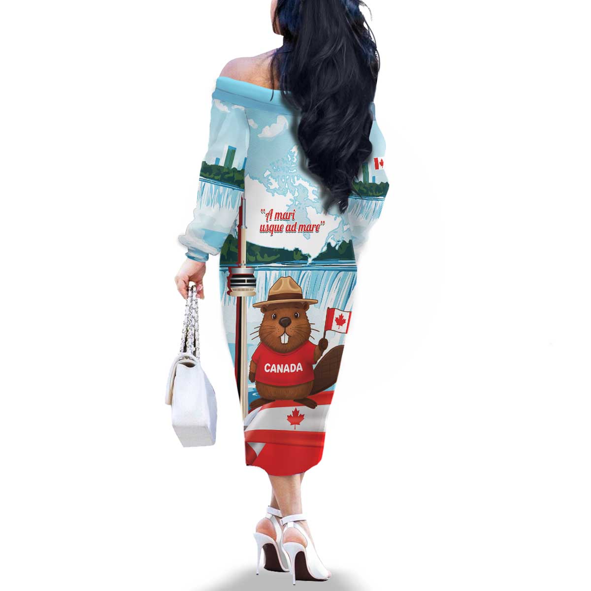 Canada Day Family Matching Off The Shoulder Long Sleeve Dress and Hawaiian Shirt Cute Beaver With Flag