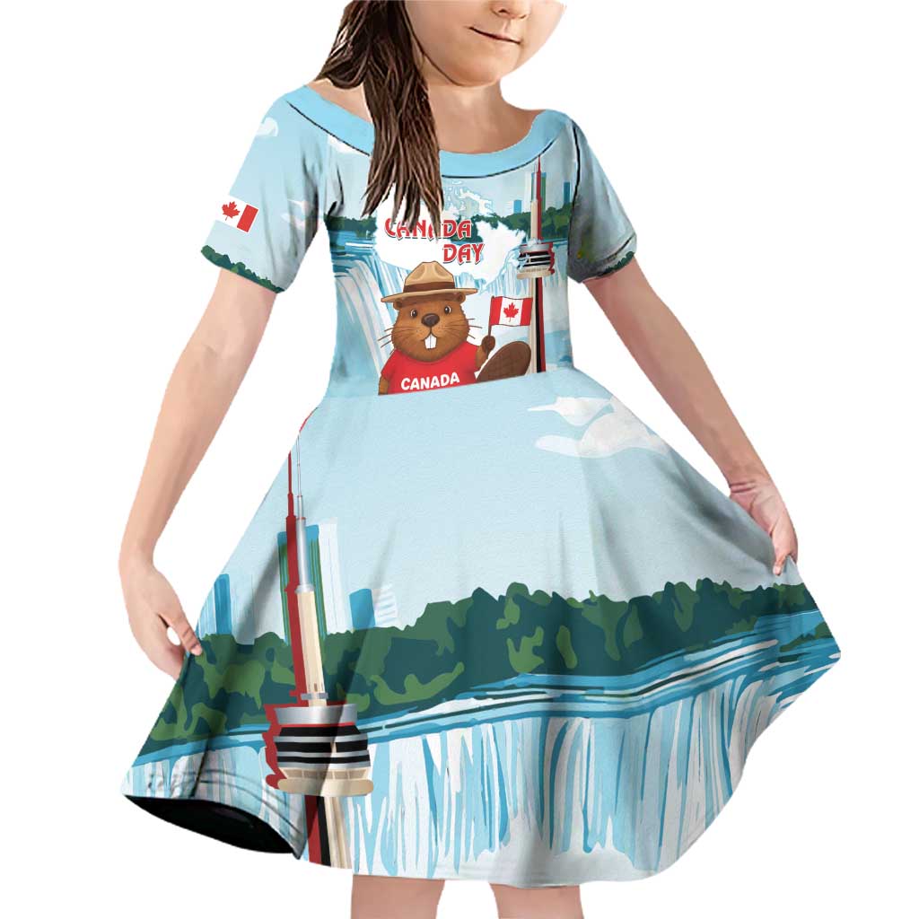 Canada Day Family Matching Off Shoulder Short Dress and Hawaiian Shirt Cute Beaver With Flag